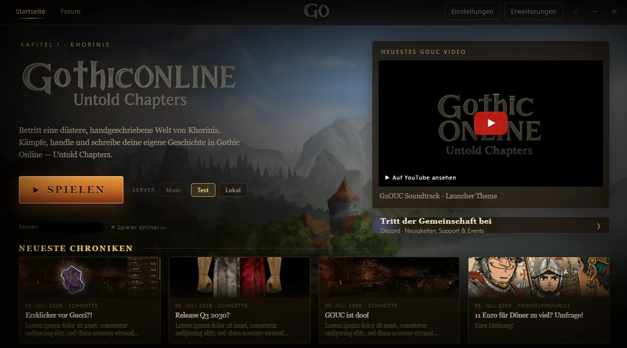 Der GOUC-Launcher: Startseite mit Spielen-Knopf, Server-Wahl, neuestem Trailer und den aktuellen Chroniken